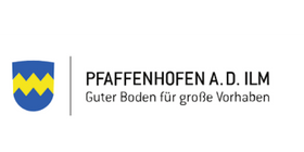 Logo der Gemeinde Pfaffenhofen an der Ilm mit blau-gelbem Wappenschild und schwarzem Schriftzug.