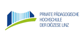 Logo der Privaten Pädagogischen Hochschule der Diözese Linz mit blauer Gebäudegrafik und grünem Bogen.